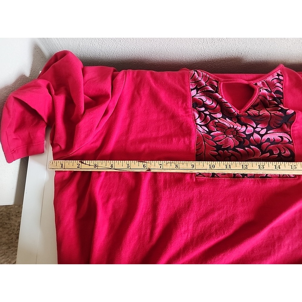 Catherines Red Knit Blouse Burnout Black Velvet Neckline 3/4 Sz 2X 22/24 W Tunic - Picture 9 of 12